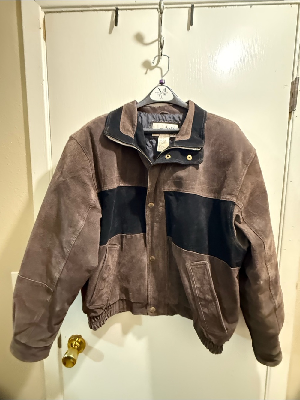 Vtg Ash Creek Men's Suede Bomber Jacket in Brown with Black Panels